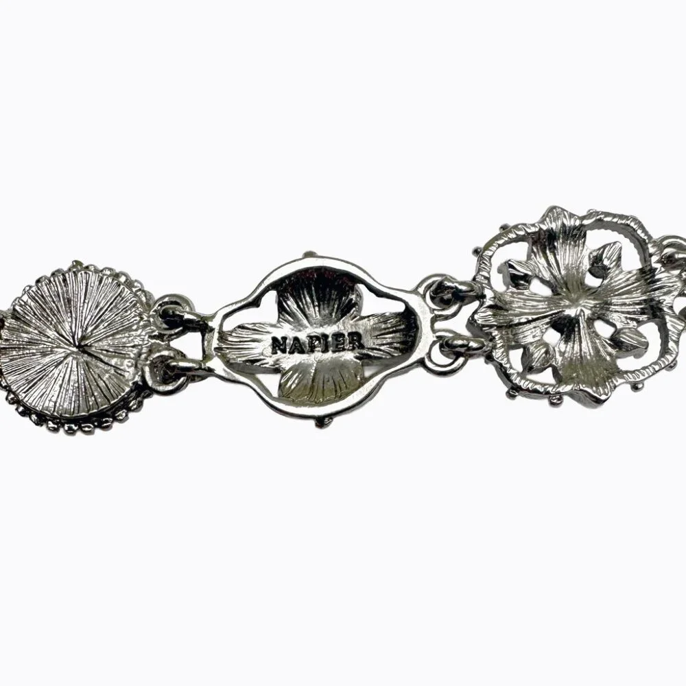 Vintage Napier Silver Multicolor Enamel Bracelet Floral Motif Toggle Retro Charm